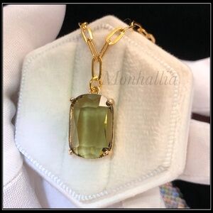 Smoky Moss Brown Earthy Cushion Crystal Pendant Gold Paperclip Chain Necklace